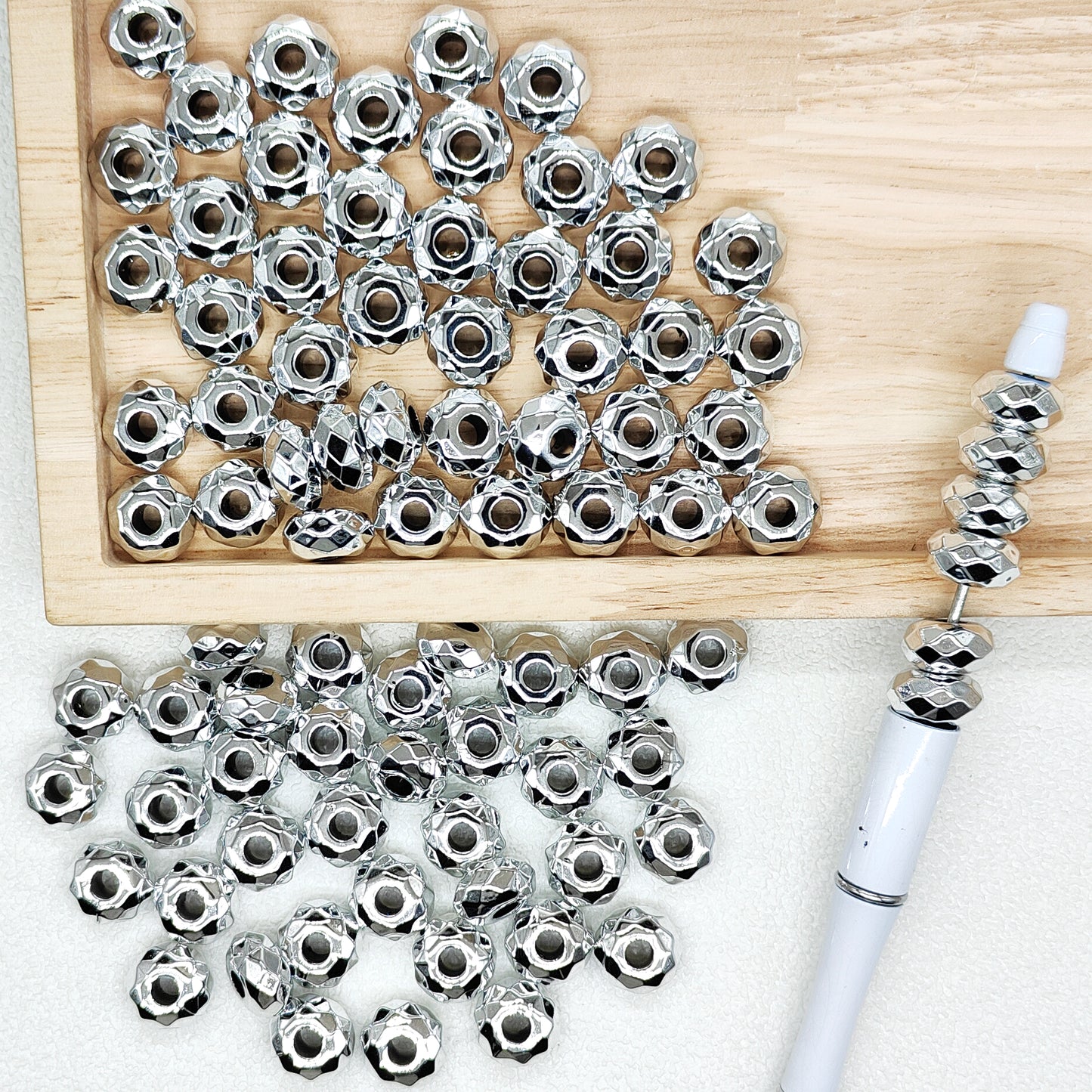 14mm Metallic Faceted Silver Large Hole Abacus Acrylic Loose Beads