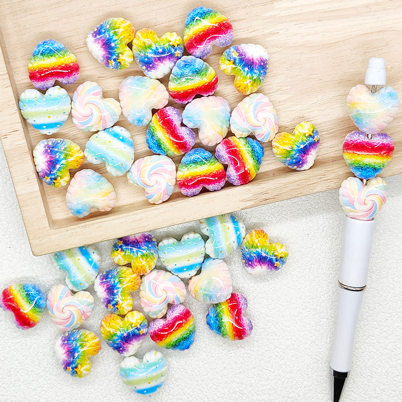 Rainbow Swirl Printed Heart Acrylic Beads for Pen Charm