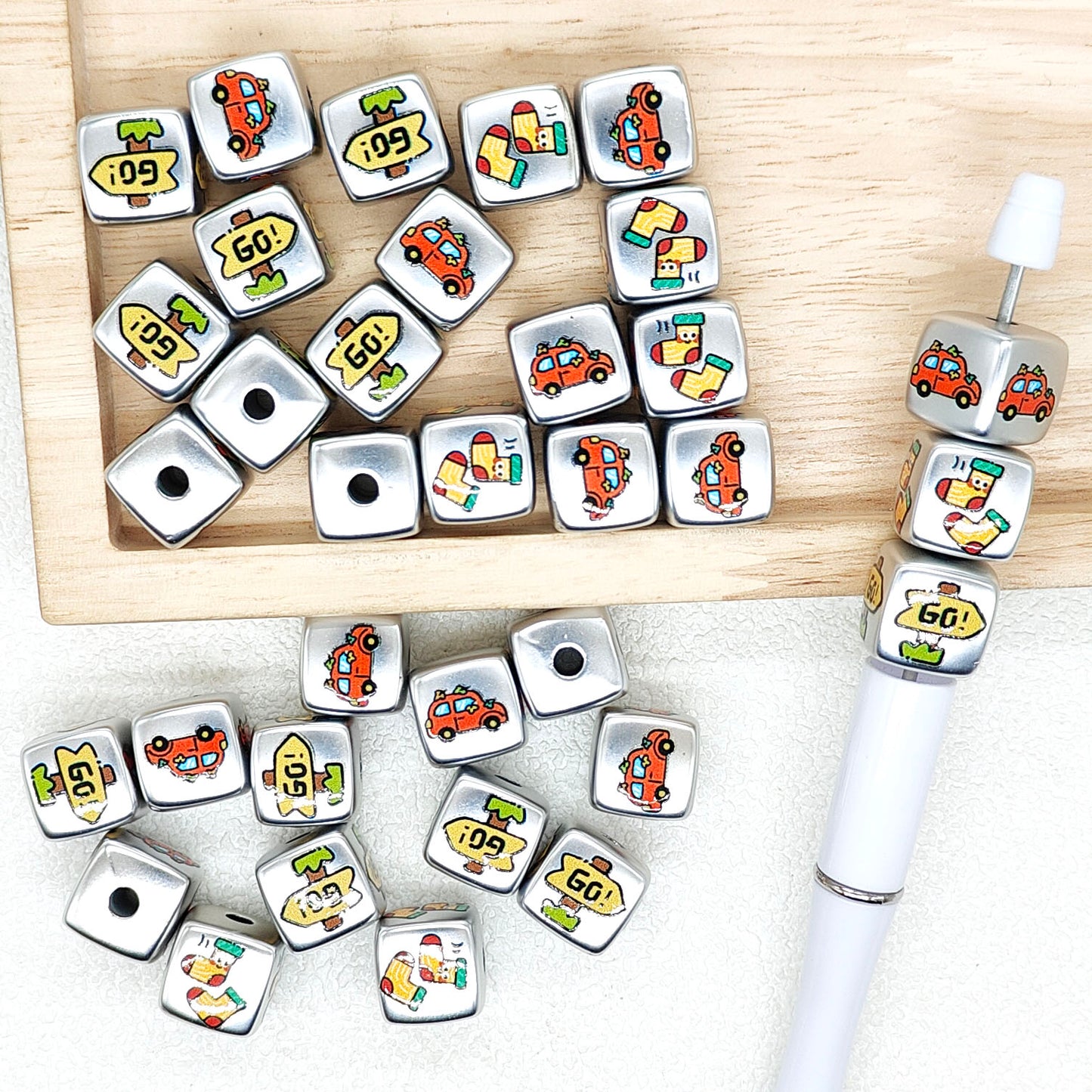 15mm Assorted Print Silver Cube Acrylic Beads,Square Beads