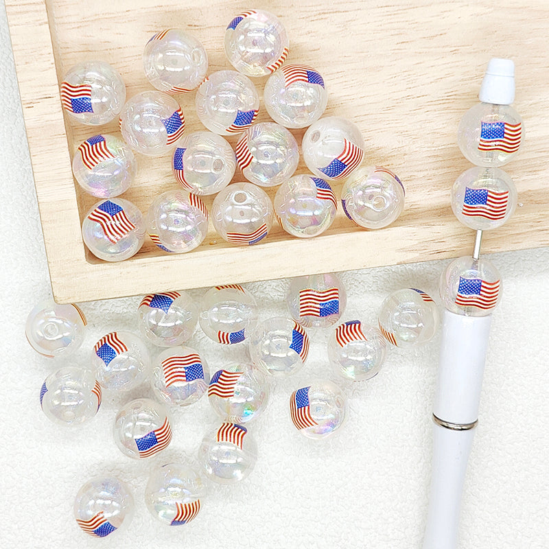 16mm American Flag Print Iridescent Patriotic Clear Acrylic Gumball Beads