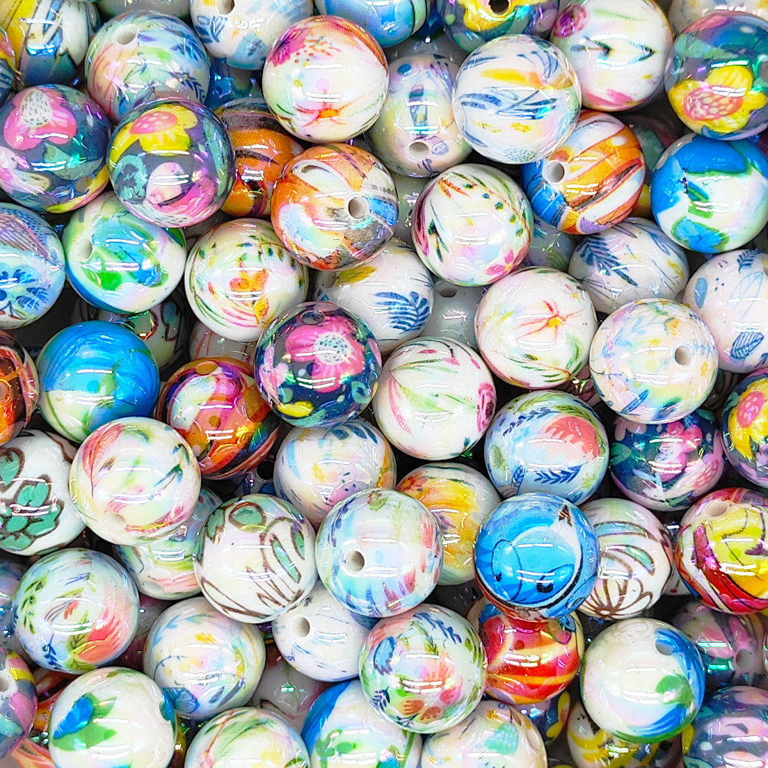 16mm Floral Print Acrylic Beads,Gumball Beads