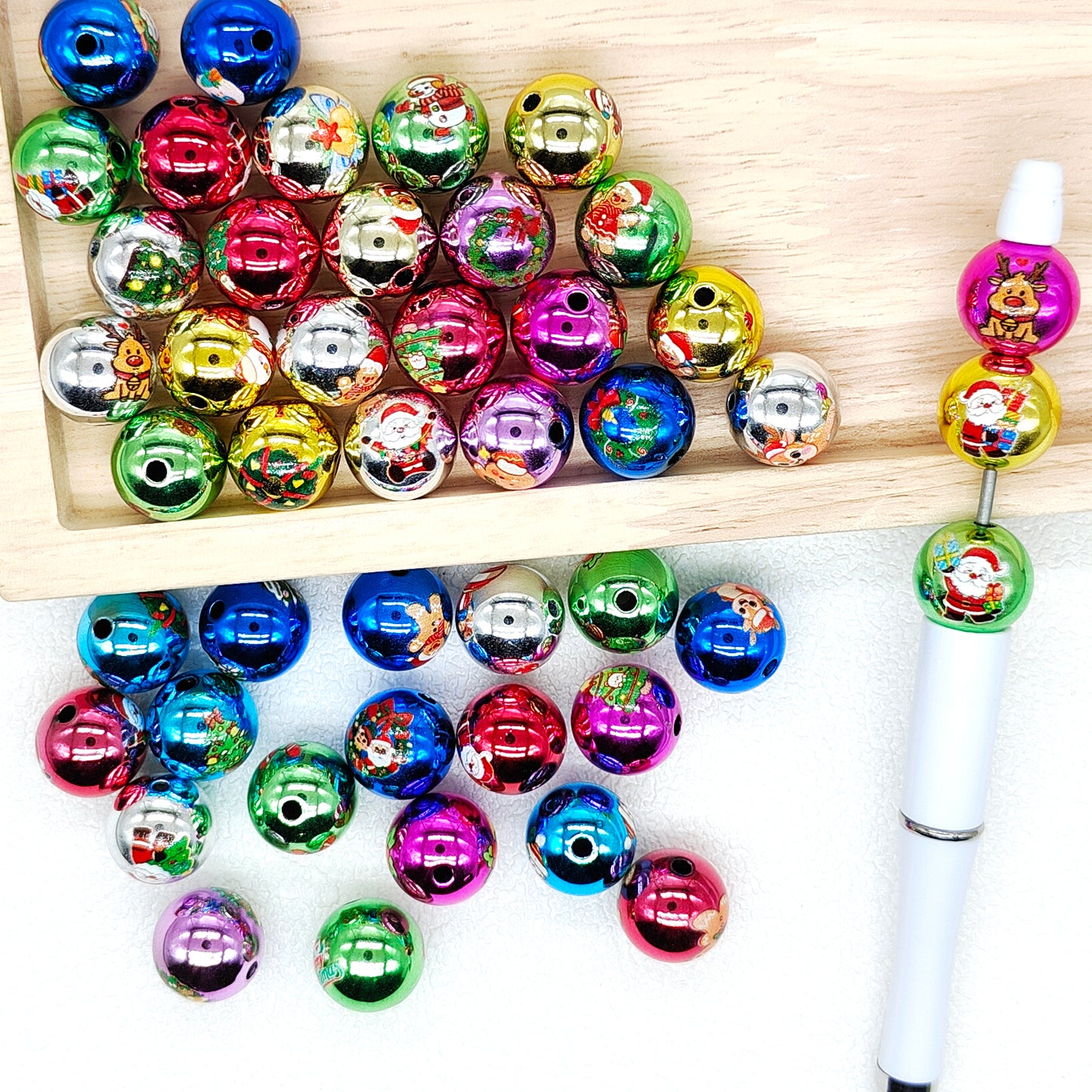 16mm Metallic Christmas Print Gumball Beads,Acrylic Loose Assorted Beads