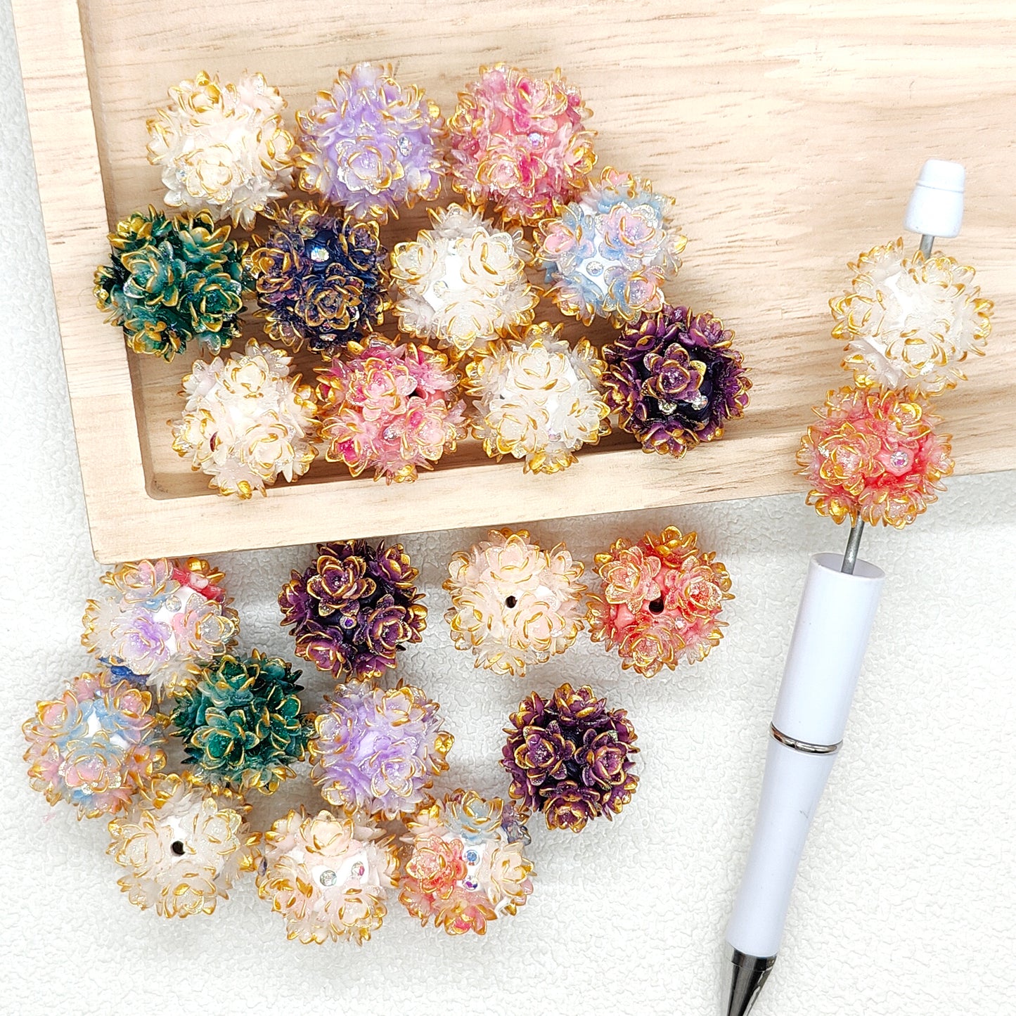 22mm Gold Rose Flower Fancy Beads,Polymer Clay Floral Ball