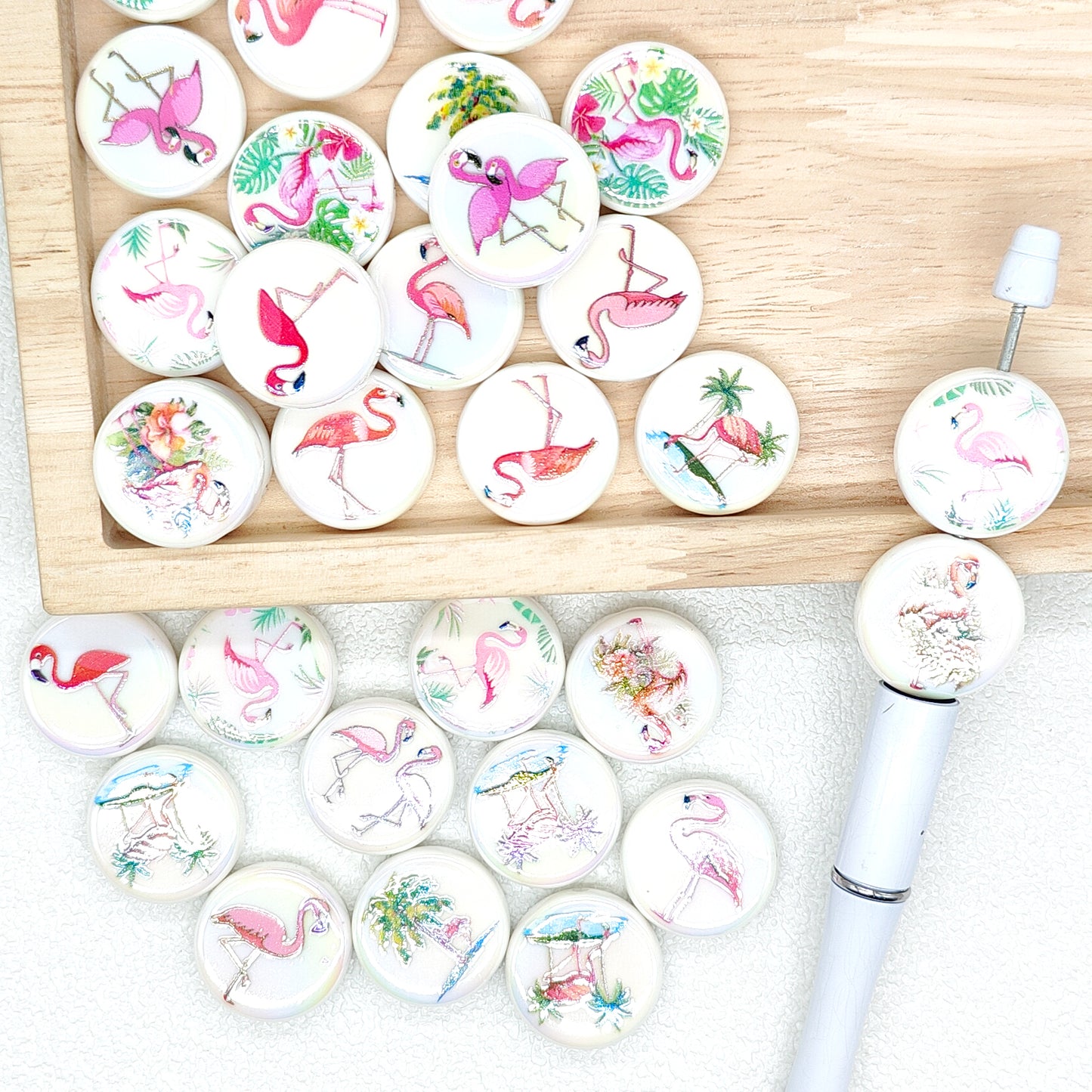 24mm Flamingo Print Flat Round Shape Acrylic Beads,Loose Beads