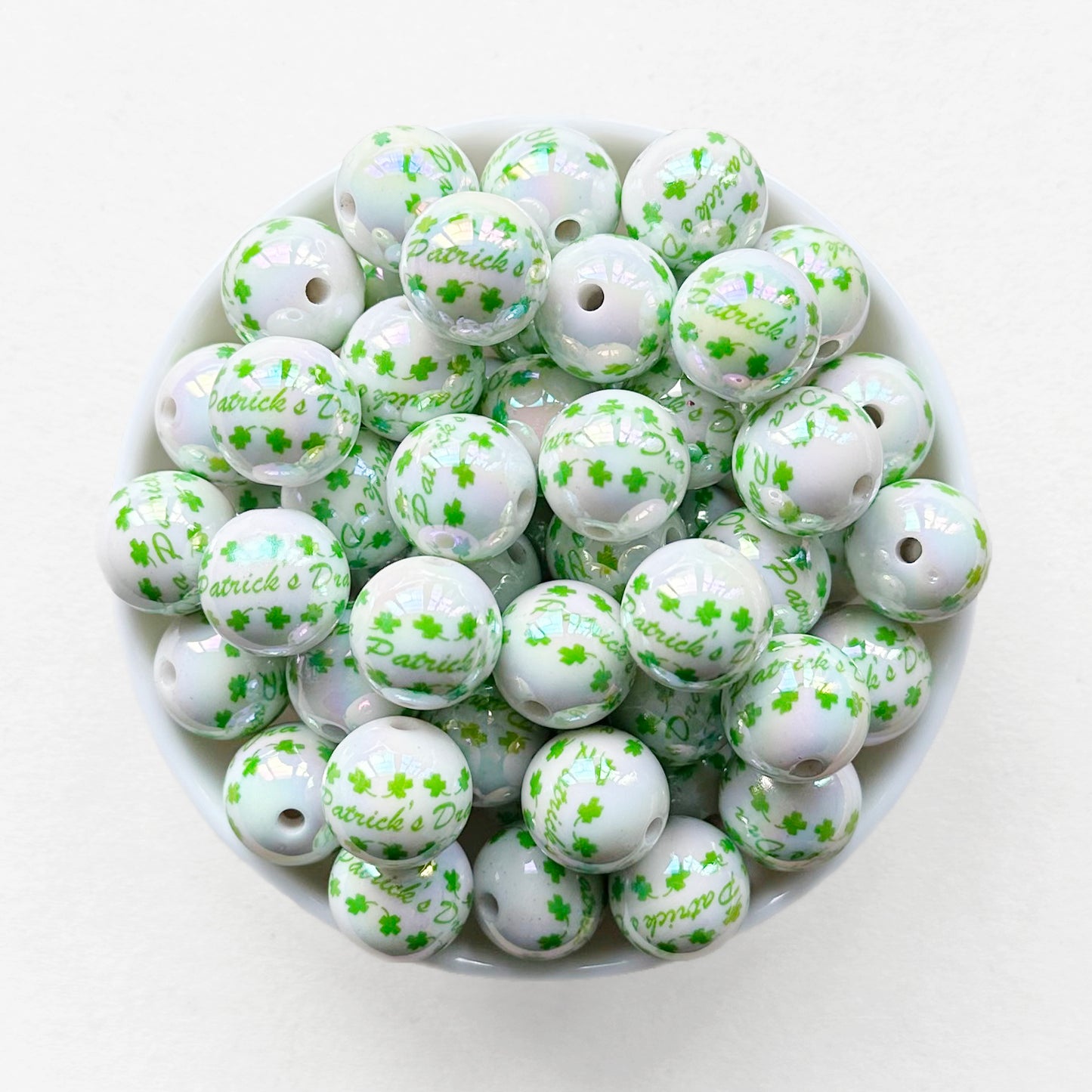 16mm St Patrick Print Acrylic Beads,Clover Beads,Gumball Bead