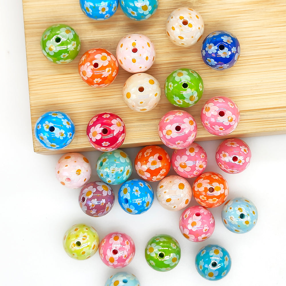 New UV 16mm Colored Floral Print Acrylic Gumball Beads,Loose Bead
