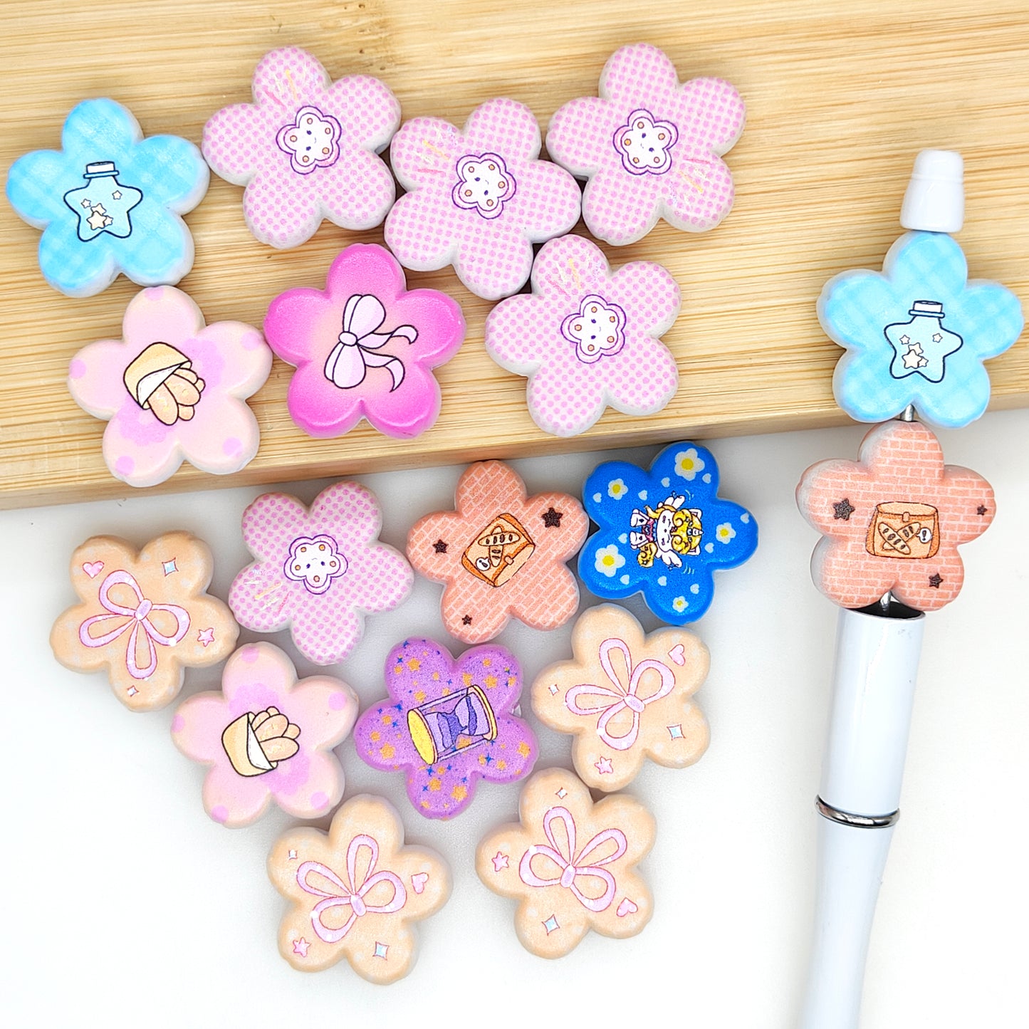 28mm Assorted Print Flower Acrylic Beads Mix