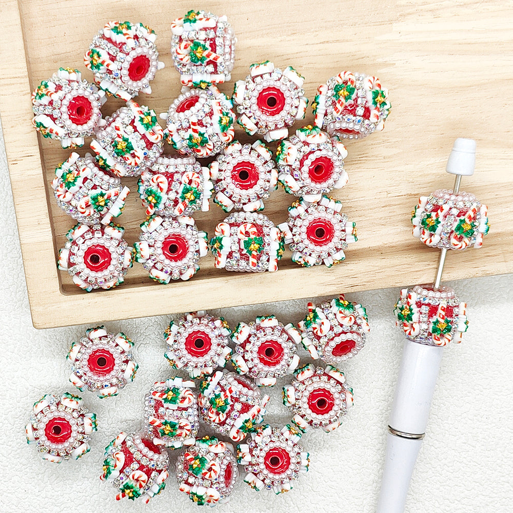 Christmas Candy Cane Rhinestone Acrylic Beads,Holiday Fancy Beads