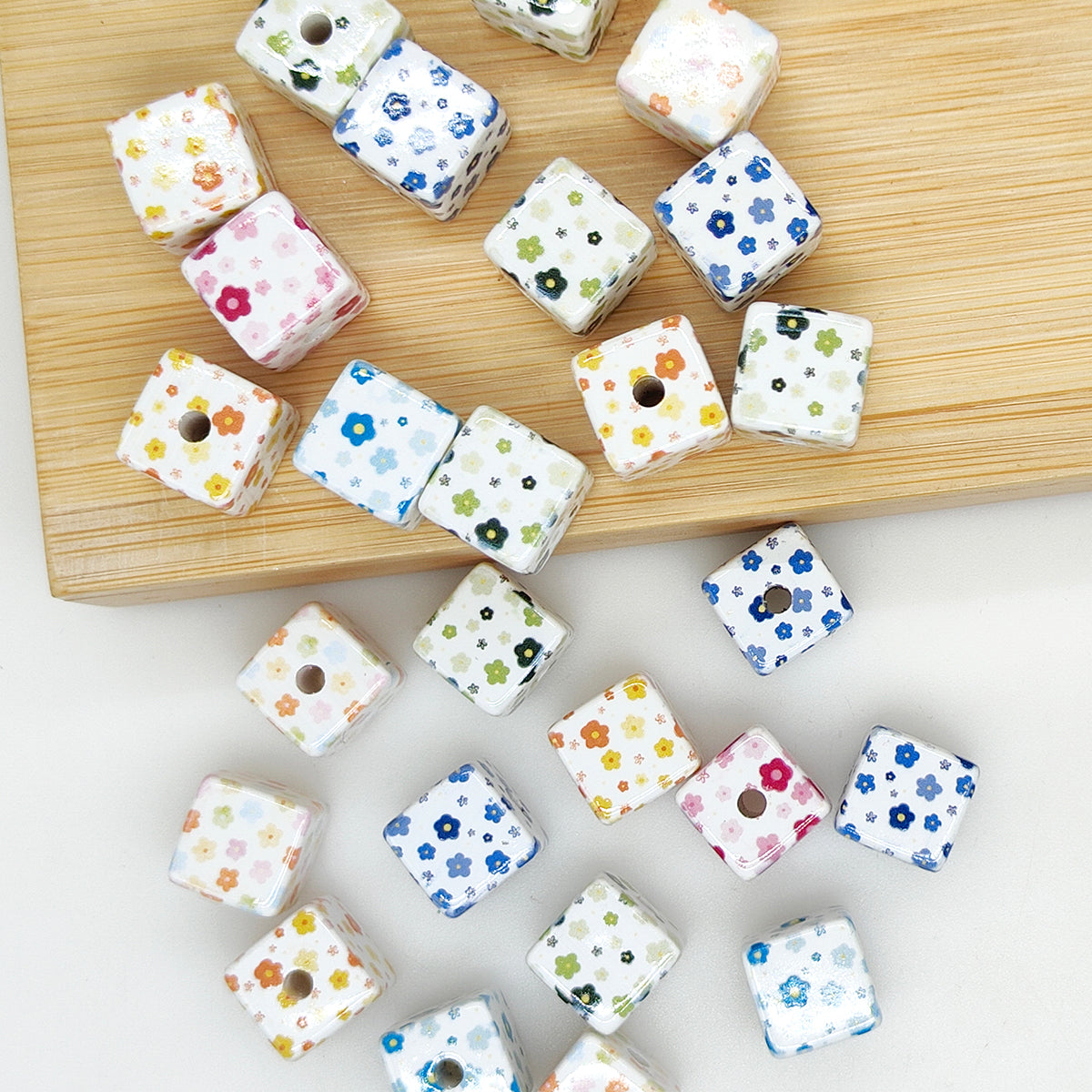 Floral Print Beads,14mm Square Acrylic Beads,Mix Random Color