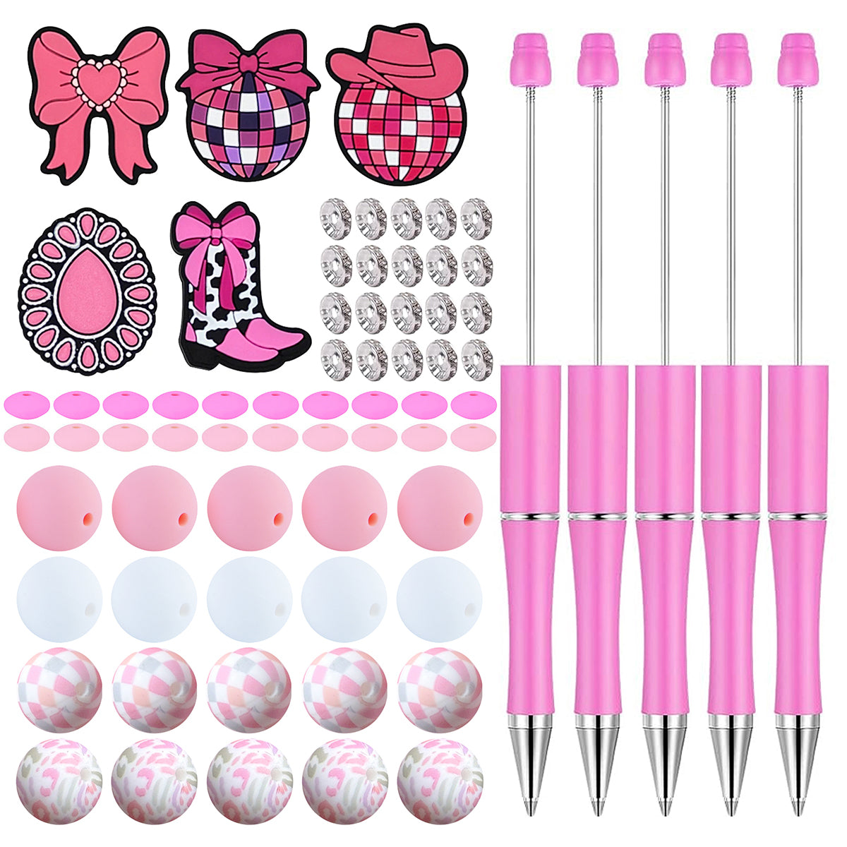 70Pcs Assorted Loose Bead Pen Kit,Pink Bow Focal Bead