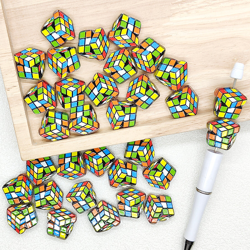 Puzzle Cube Print Shape Acrylic Beads,Focal Beads