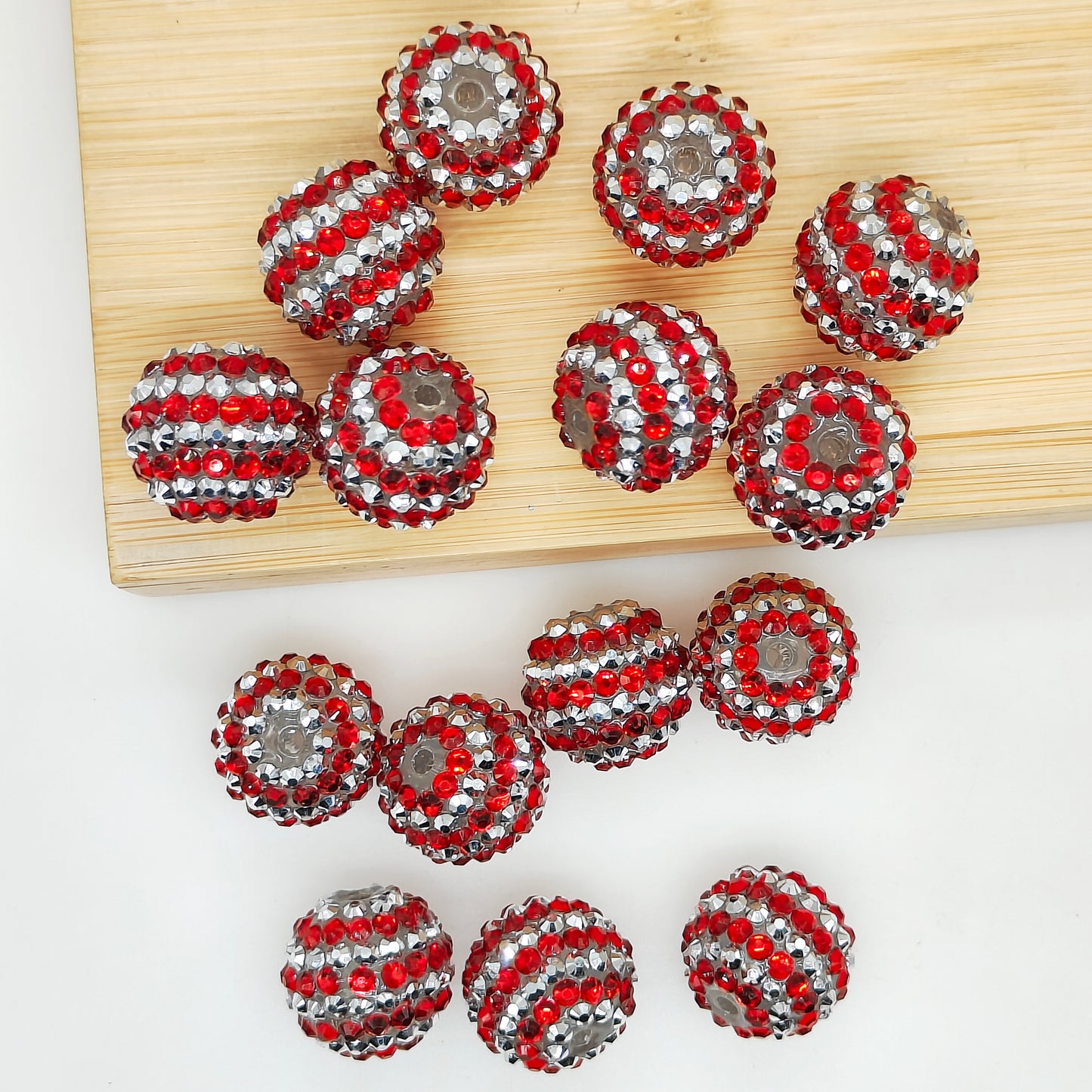20mm Silver Red Striped Rhinestone Bubblegum Acrylic Beads