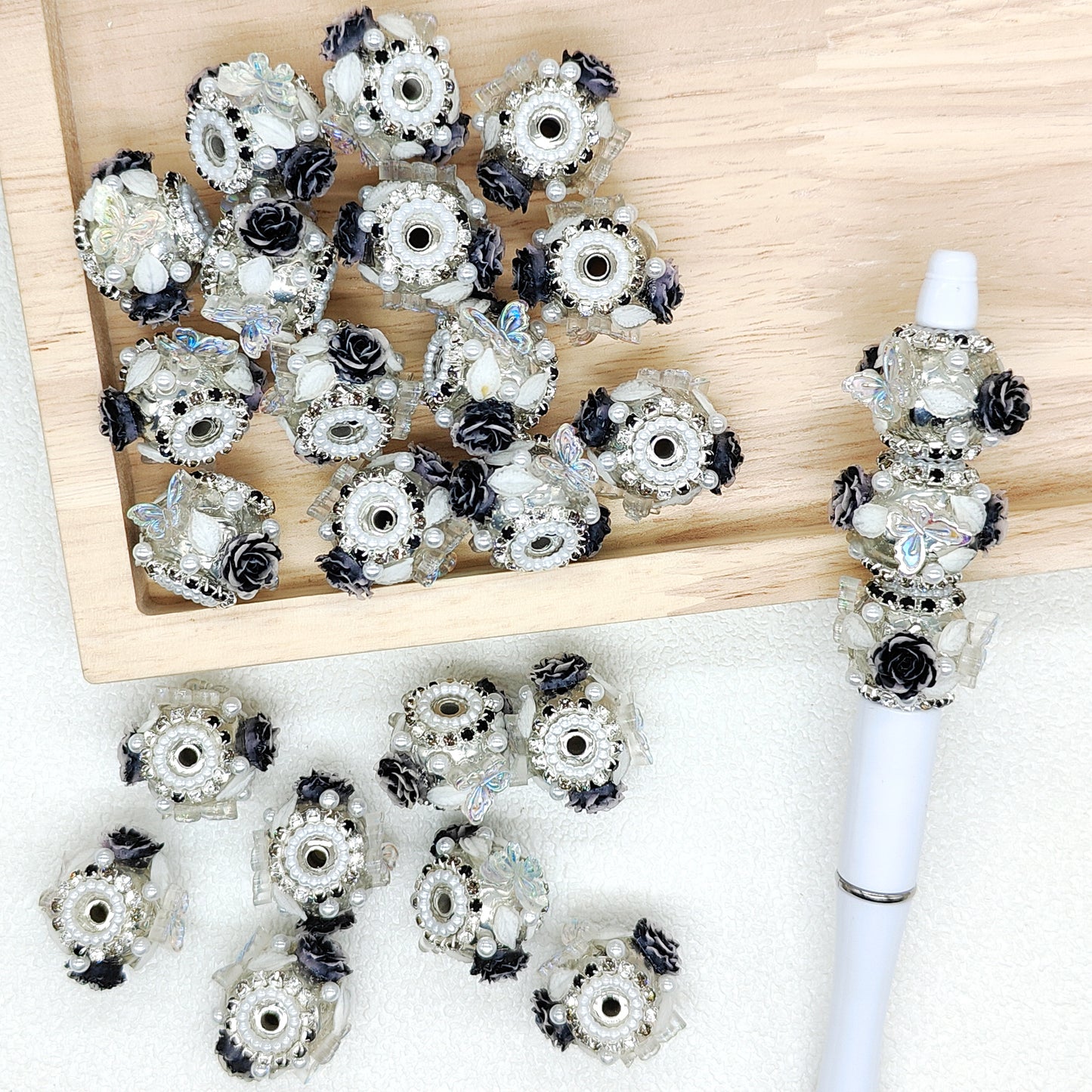 Black Rose Flower Butterfly Acrylic Fancy Beads,Floral Ball