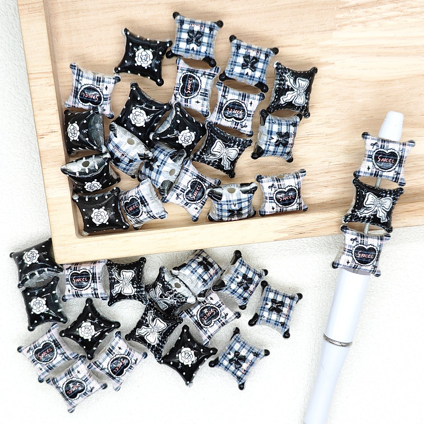 Bow Print Square Shape Black Acrylic Beads,Jewelry Beads