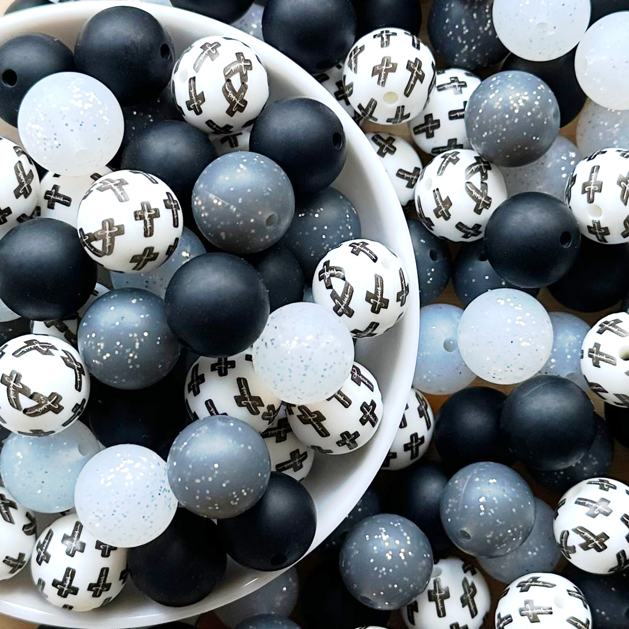 15mm Assorted Cross Print Silicone Bead Mix