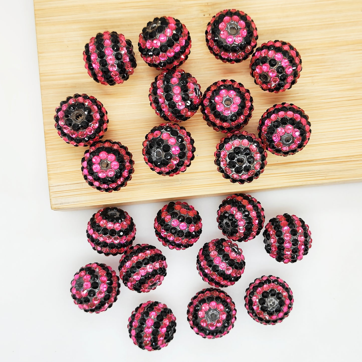 20mm Black Pink Striped Rhinestone Bubblegum Acrylic Beads