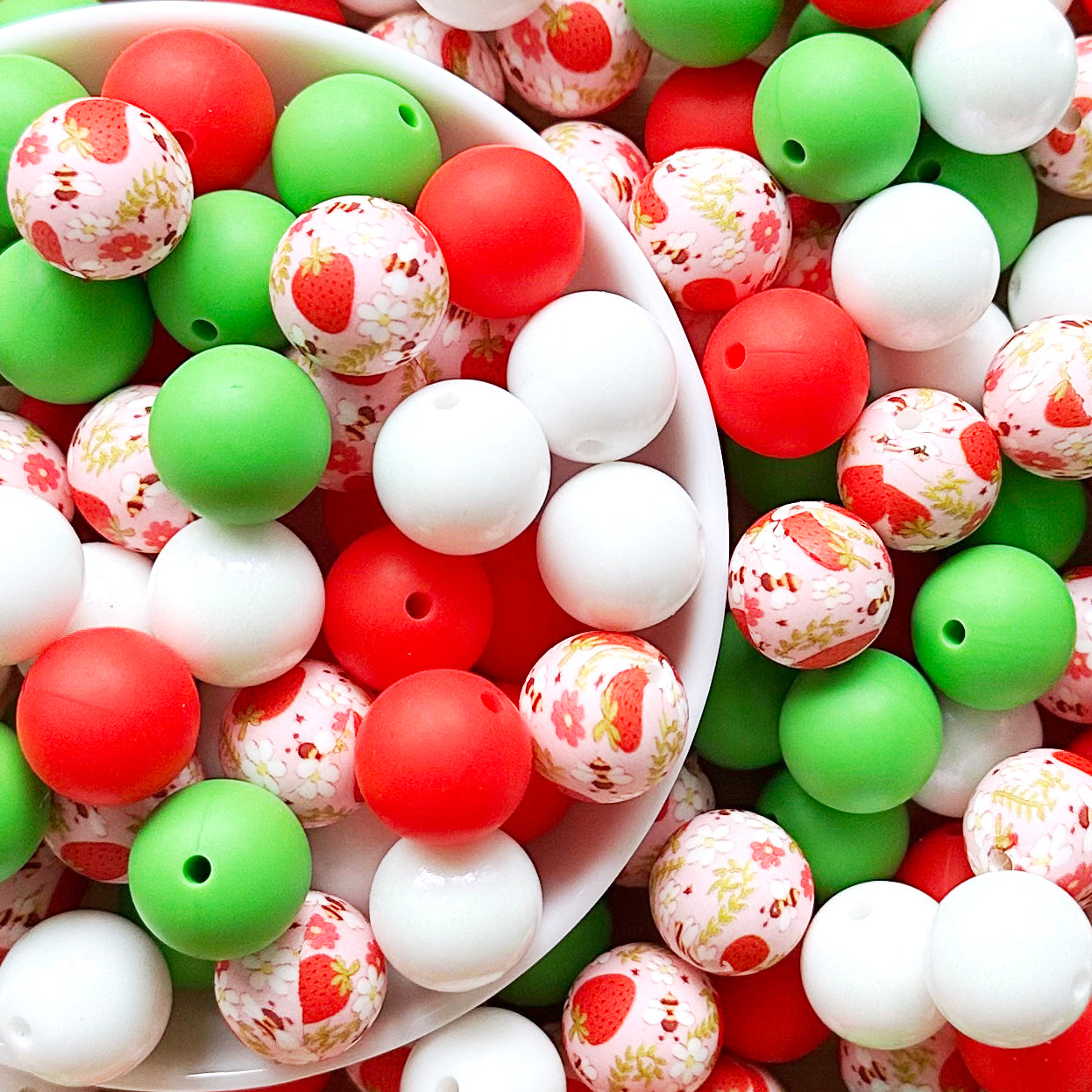 15mm Strawberry Print Loose Silicone Beads Mix