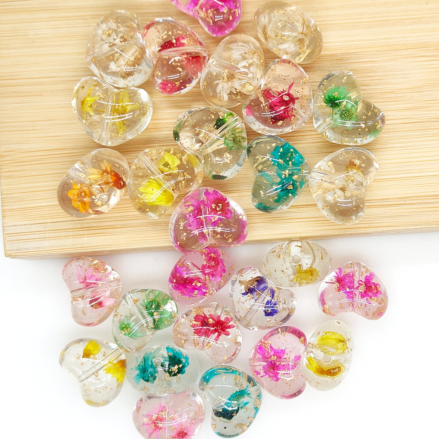 Chunky Floating Dried Flower Heart Bubblegum Acrylic Beads