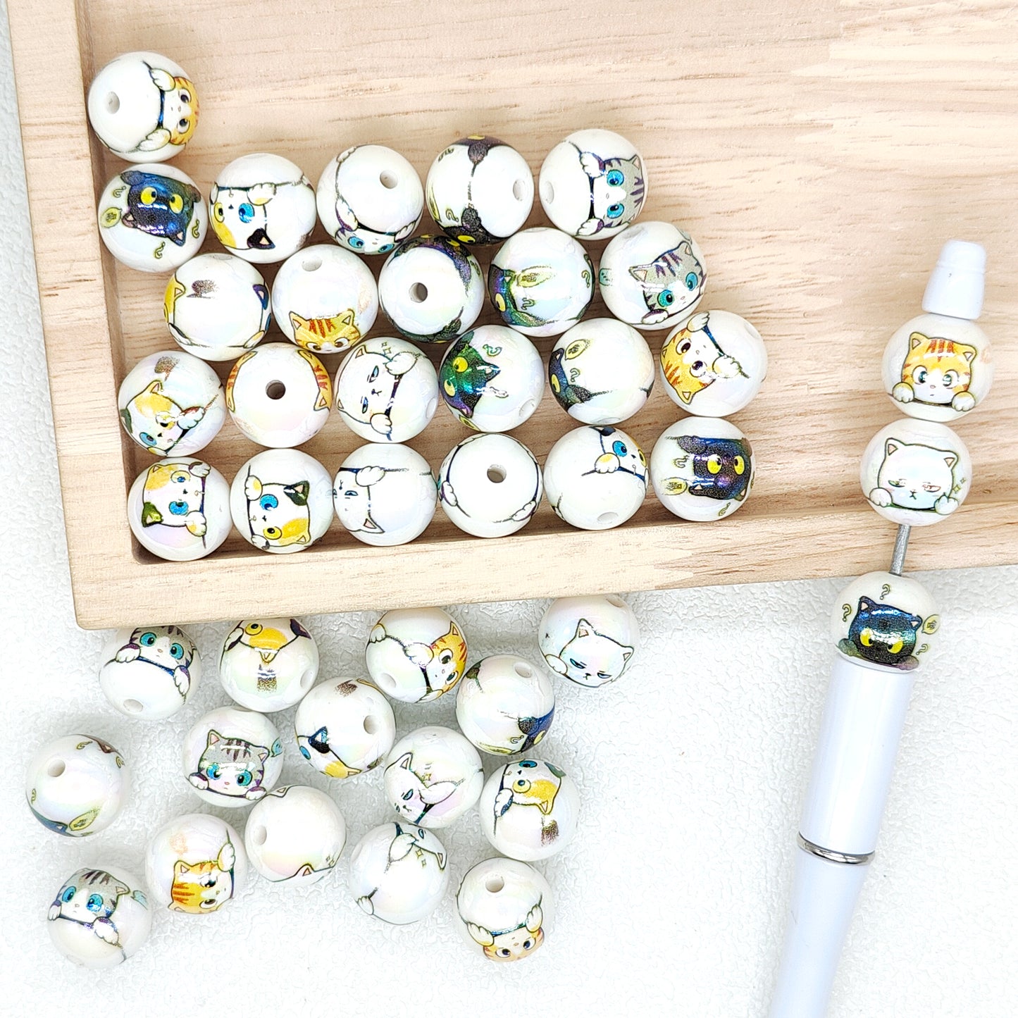 Cat Print UV Round Acrylic Gumball Loose Bead DIY Keychain Jewelry