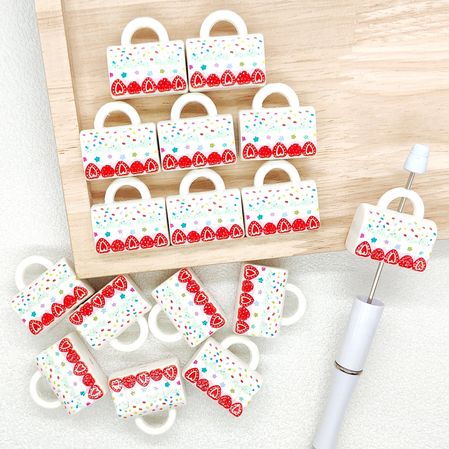 Chunky 3D Strawberry Sprinkle Print Handbag Shape Acrylic Beads,DIY Keychain Pen