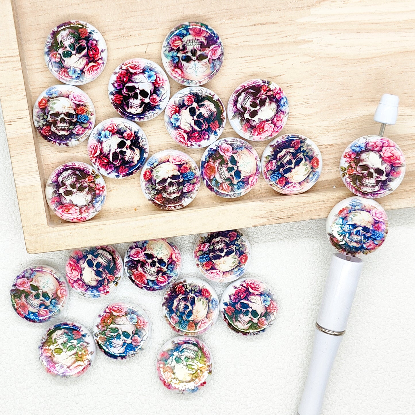 24mm Rose Floral Skull Print Flat Round Acrylic Beads DIY Craft Pen Halloween Jewelry