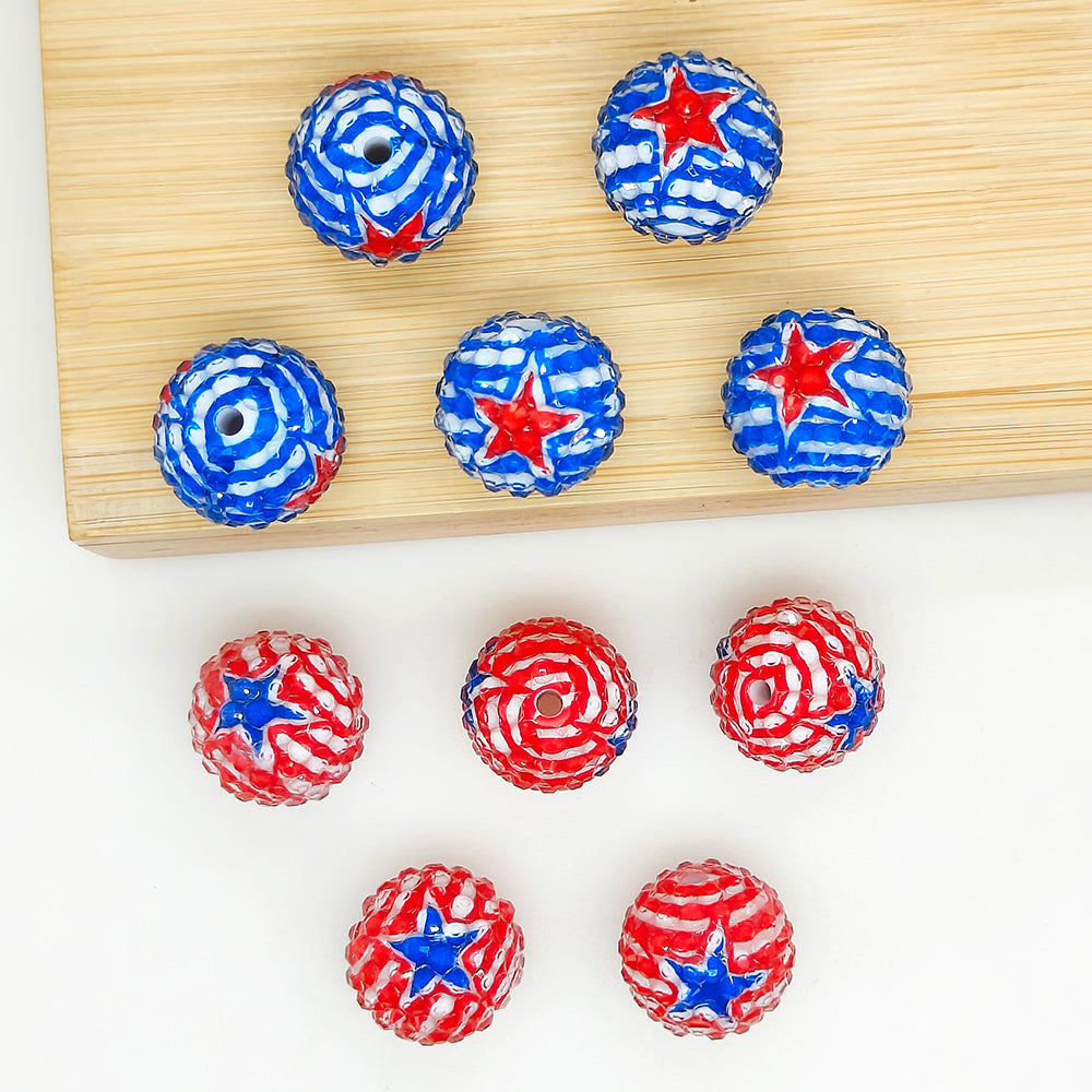 20mm Red/Blue Stripe Star Rhinestone Bubblegum Acrylic Beads