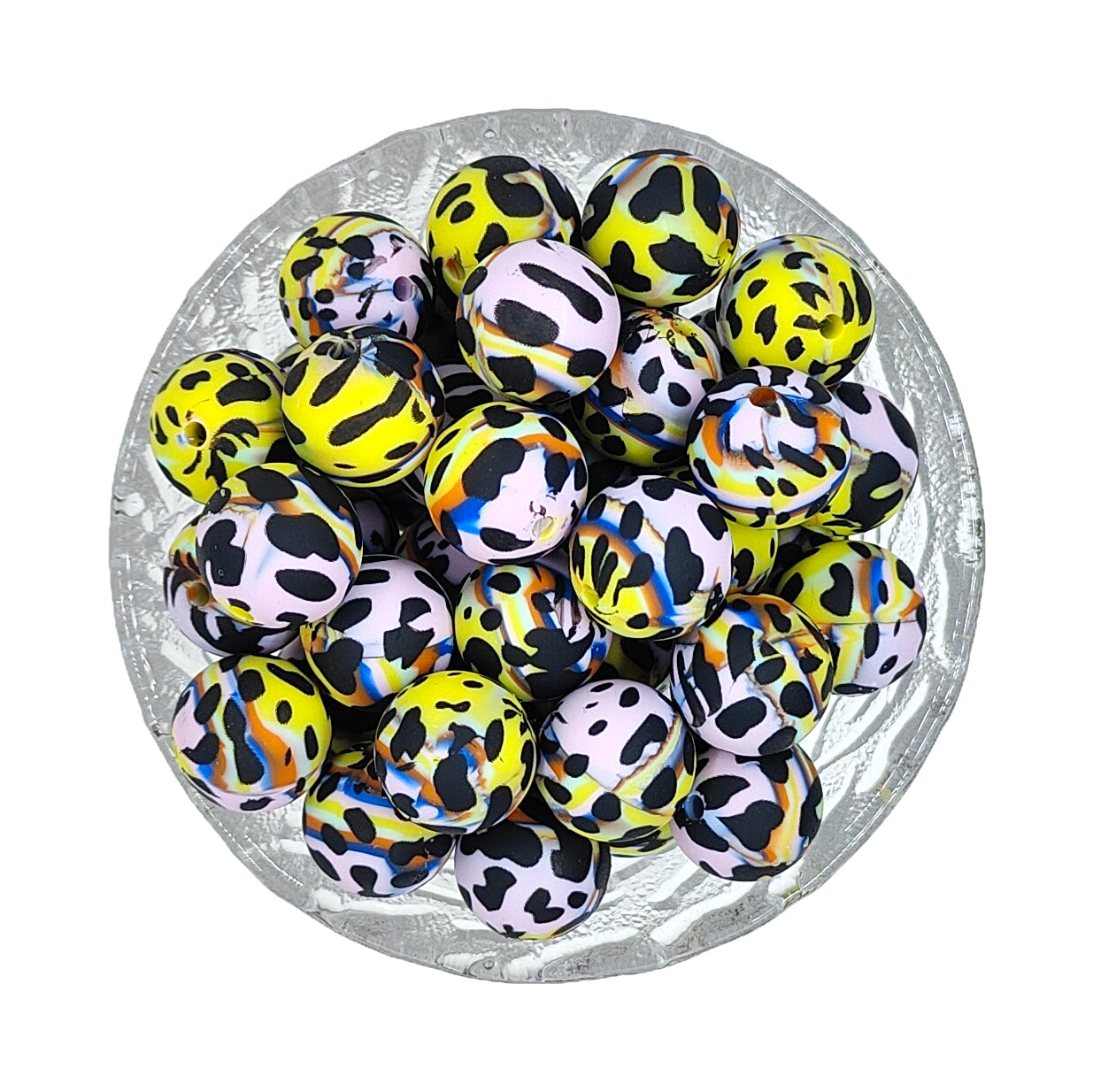 15mm Tie-Dye Cow Print Round Silicone Beads