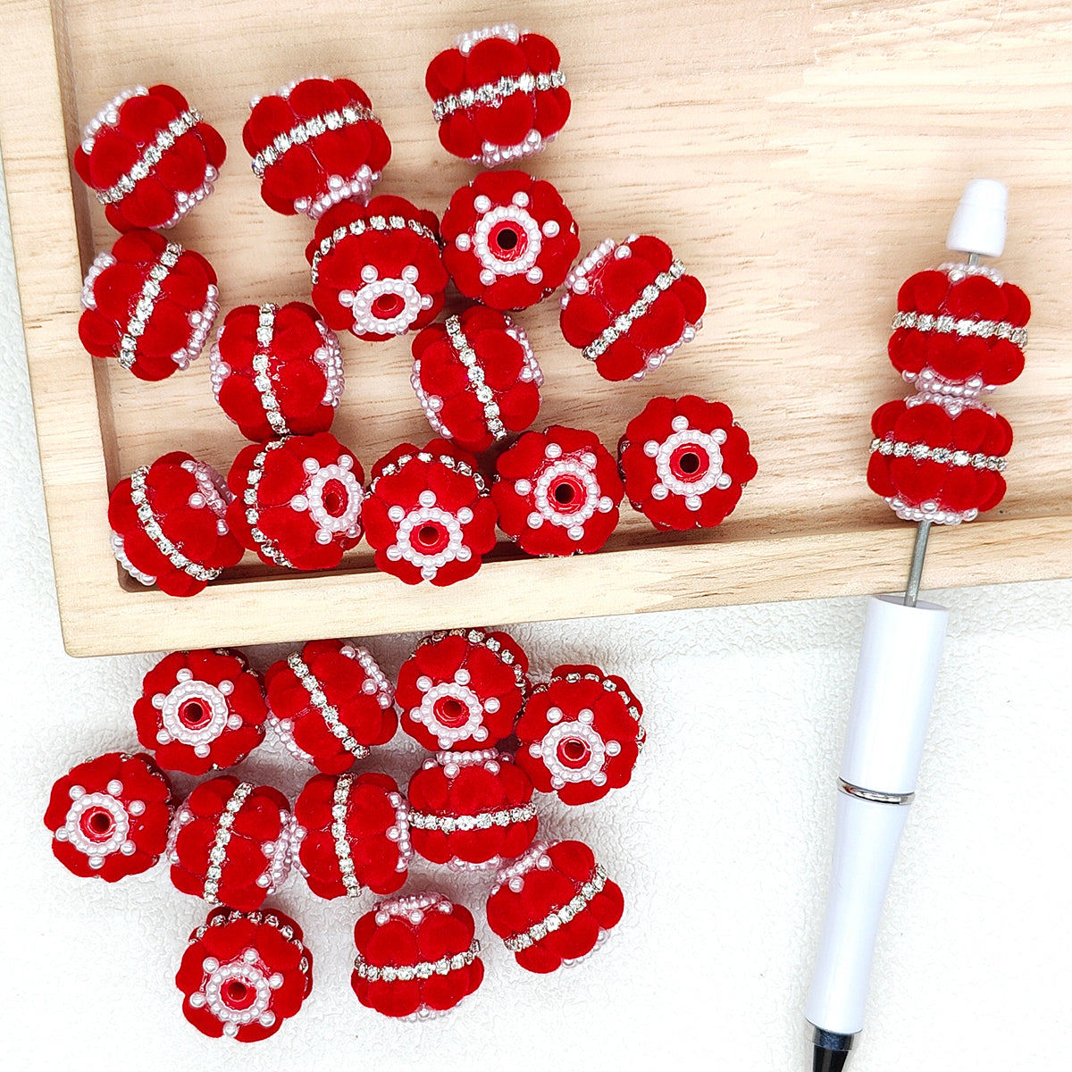 Fancy Red Flocked Heart Rhinestone Pearl Acrylic Jewelry Bead