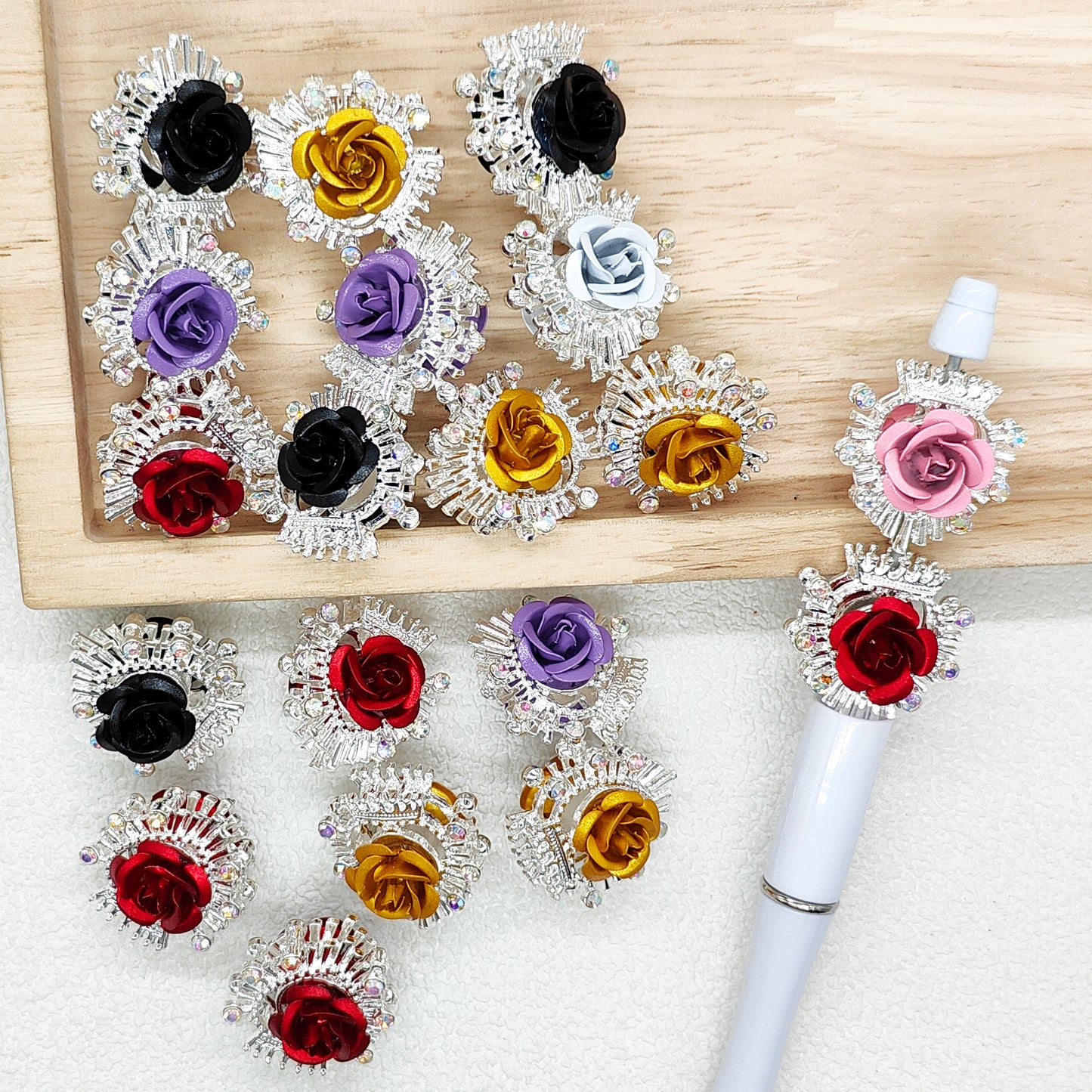 Fancy Rose Crystal Crown Heart Metal Beads