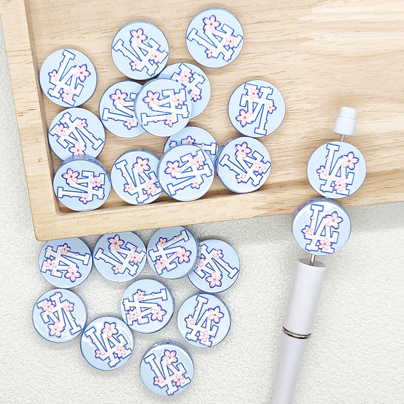 Flat Round Baseball Team Acrylic Focal Beads