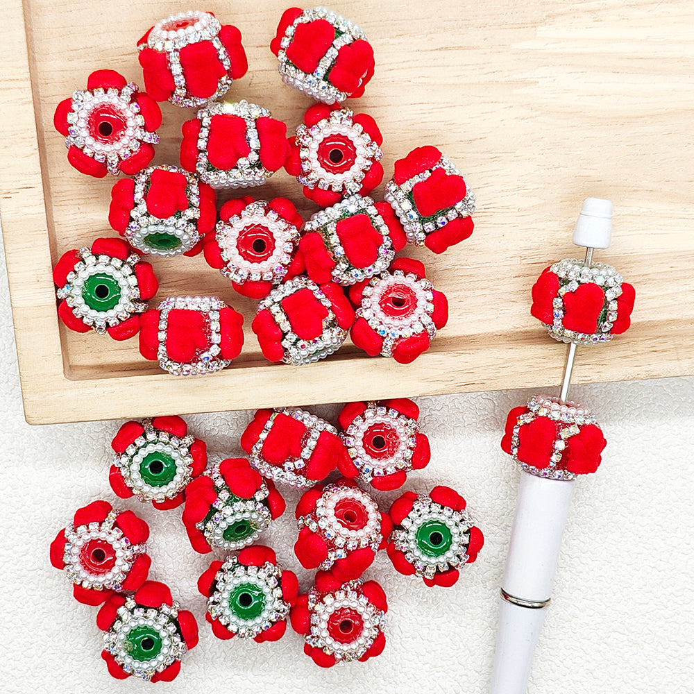 Flocked Christmas Gloves Rhinestone Acrylic Christmas Fancy Beads