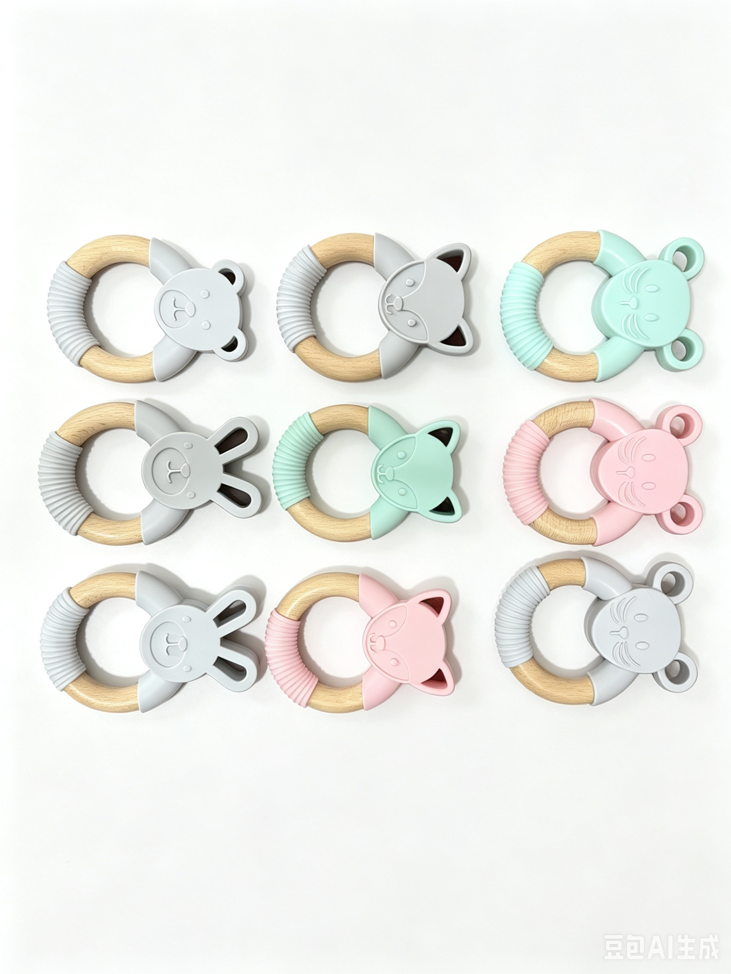 2Pcs/Lot Silicone Animal Teether Beech Wood Ring