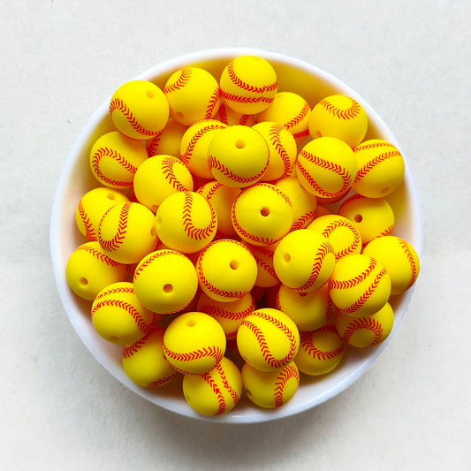 15mm Yellow Baseball Softball Print Silicone Beads - Round - #112