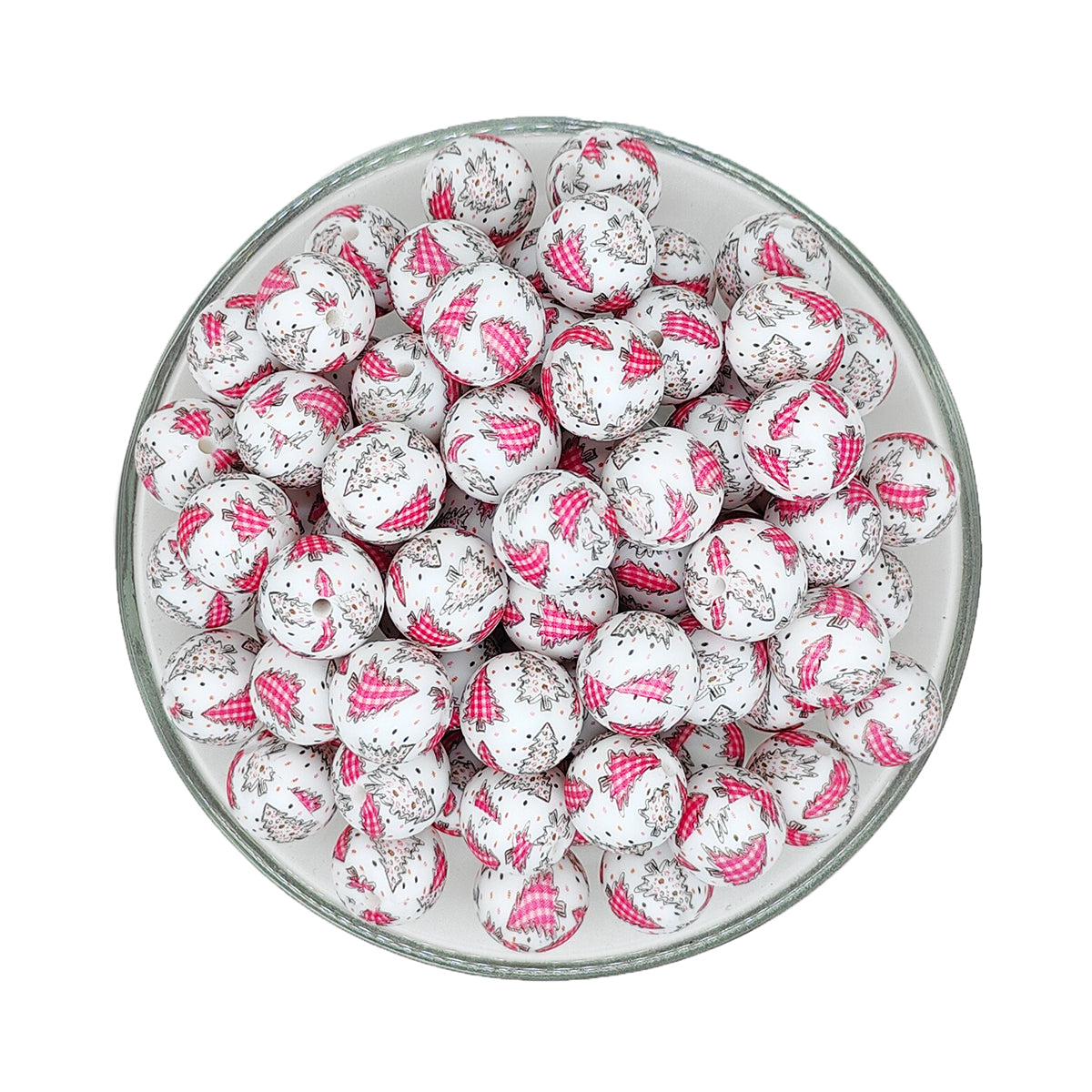 15mm Pink Christmas Tree Print Round Silicone Beads