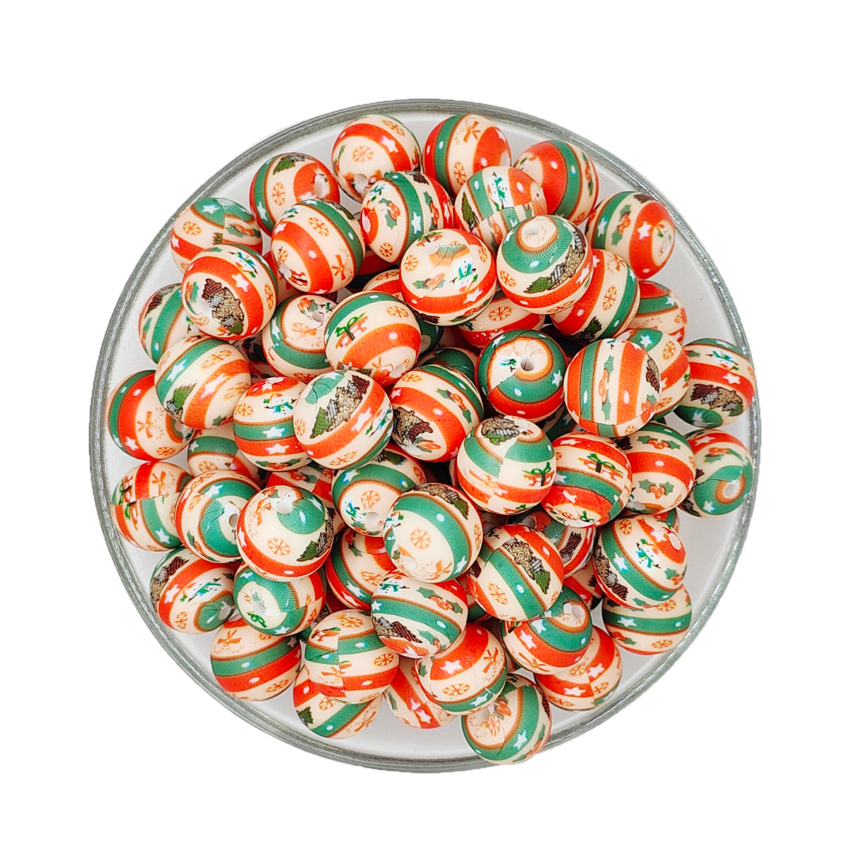 15mm Christmas Stripe Print Round Silicone Beads