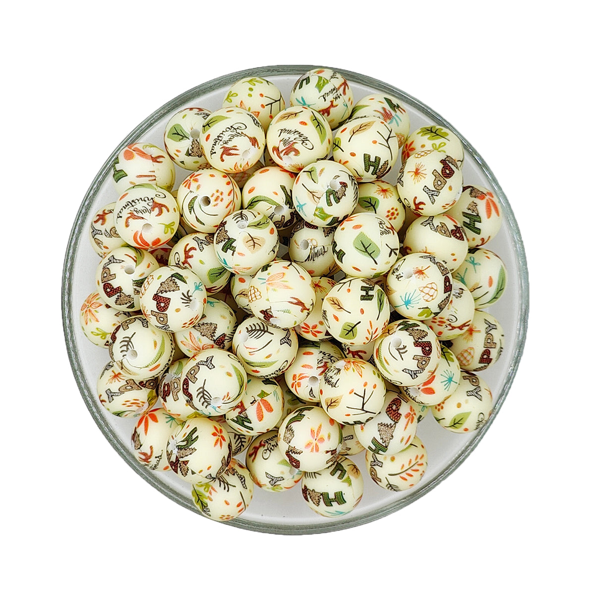 15mm Happy Christmas Print Round Silicone Beads