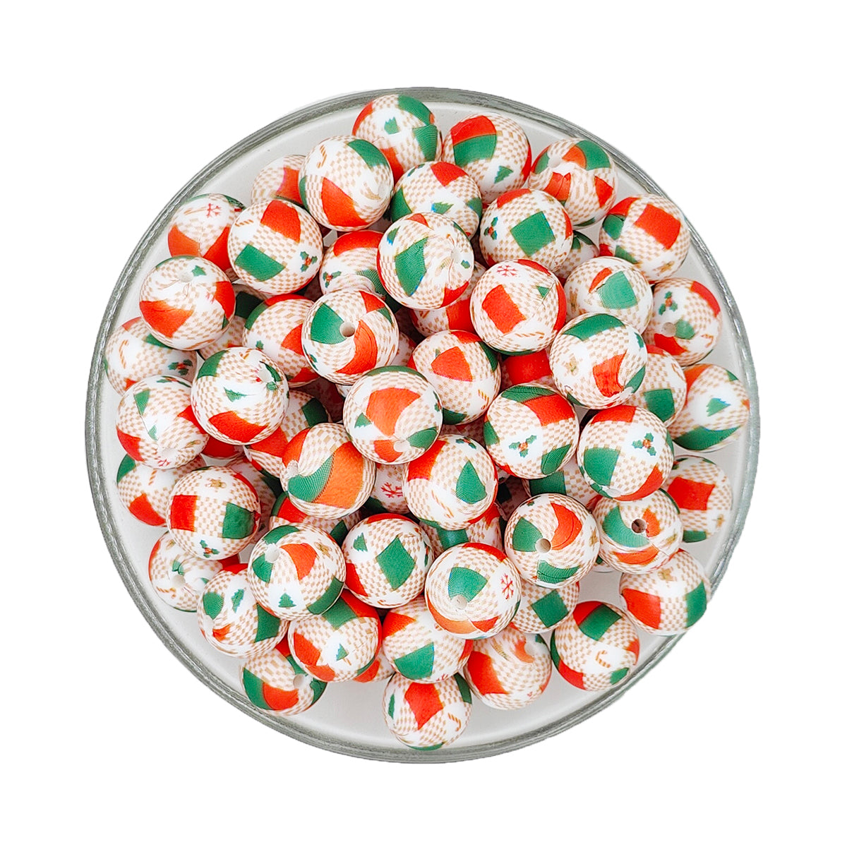 15mm Christmas Plaid Print Round Silicone Beads
