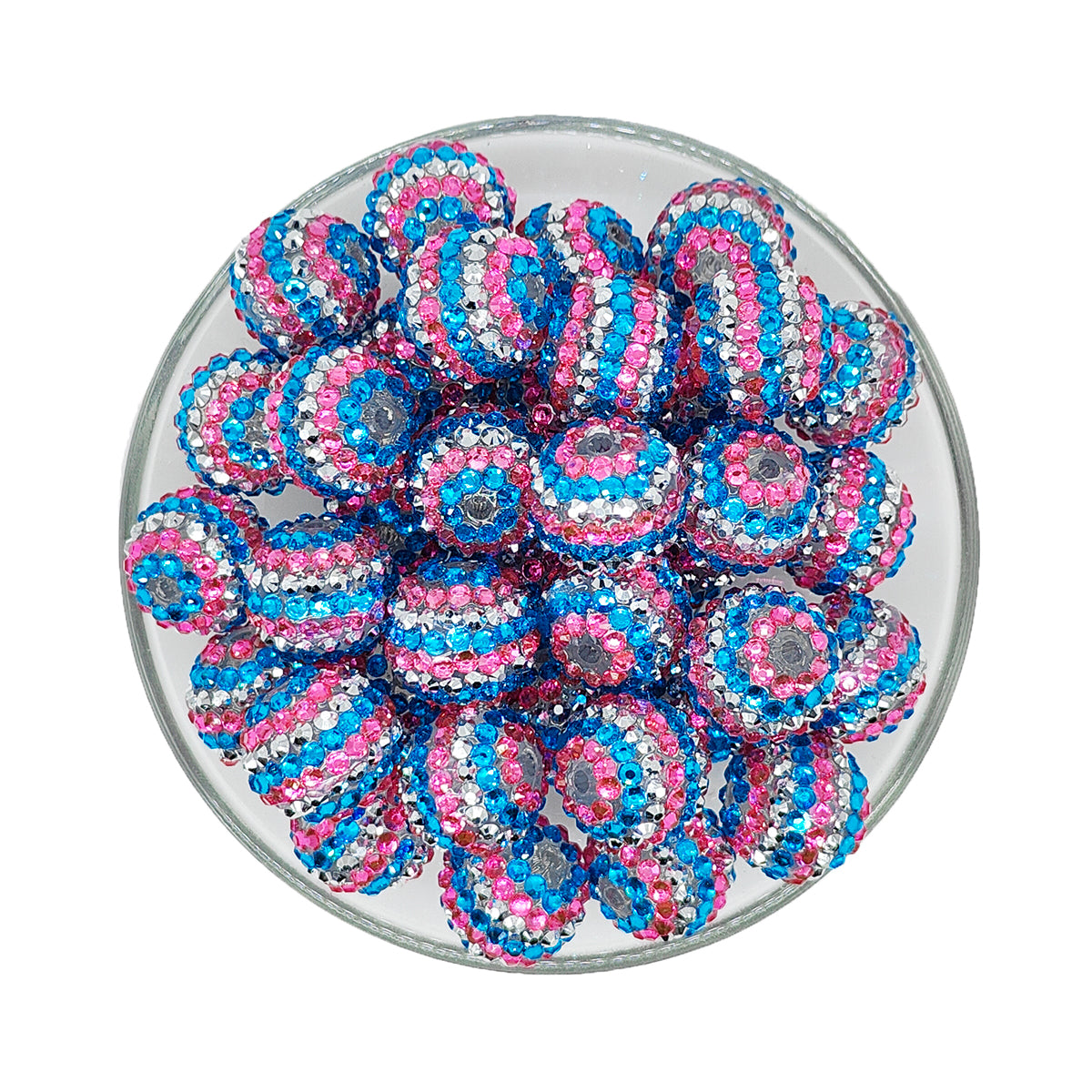 20mm Blue Pink Striped Rhinestone Bubblegum Acrylic Beads
