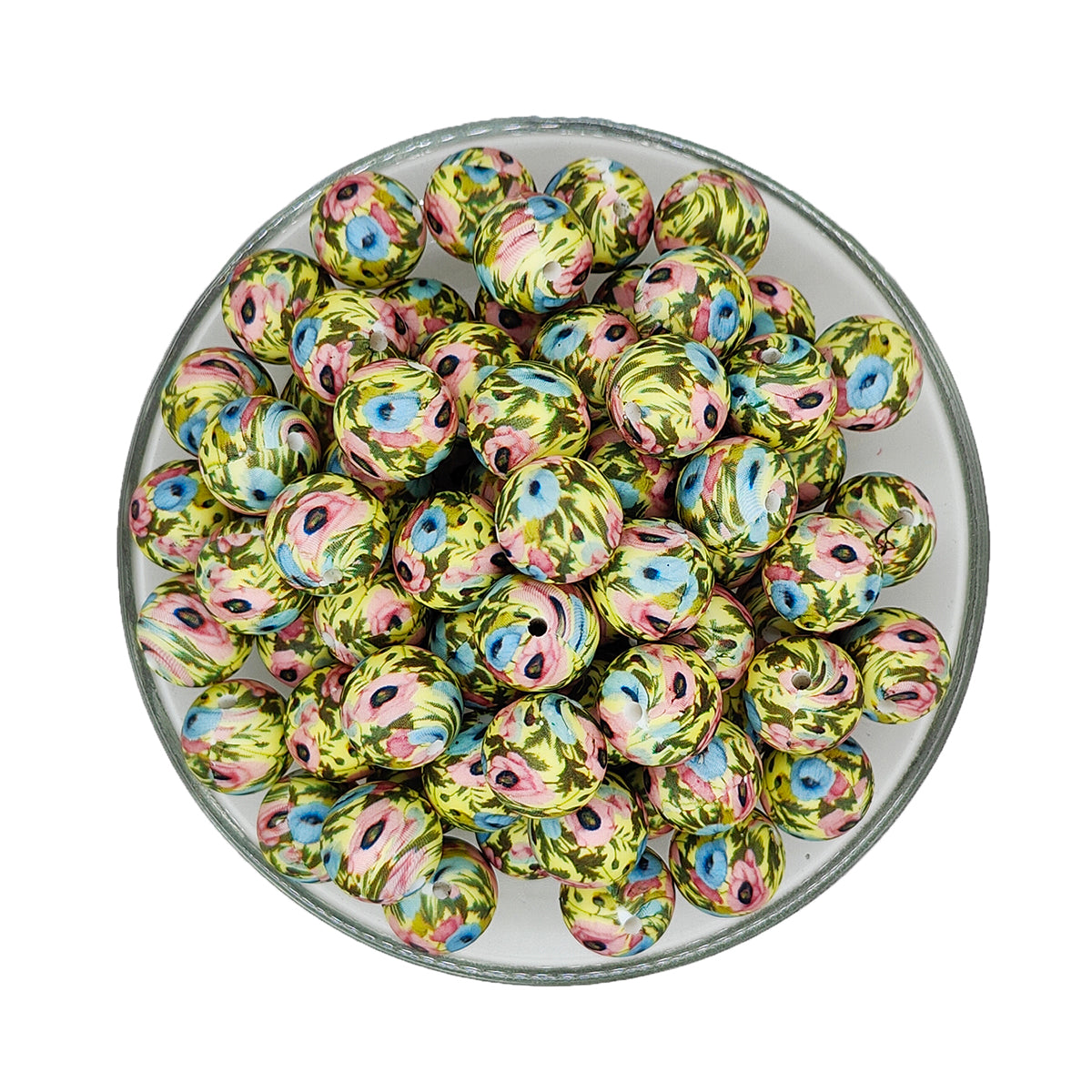 15mm Pink Blue Flower Print Round Silicone Beads