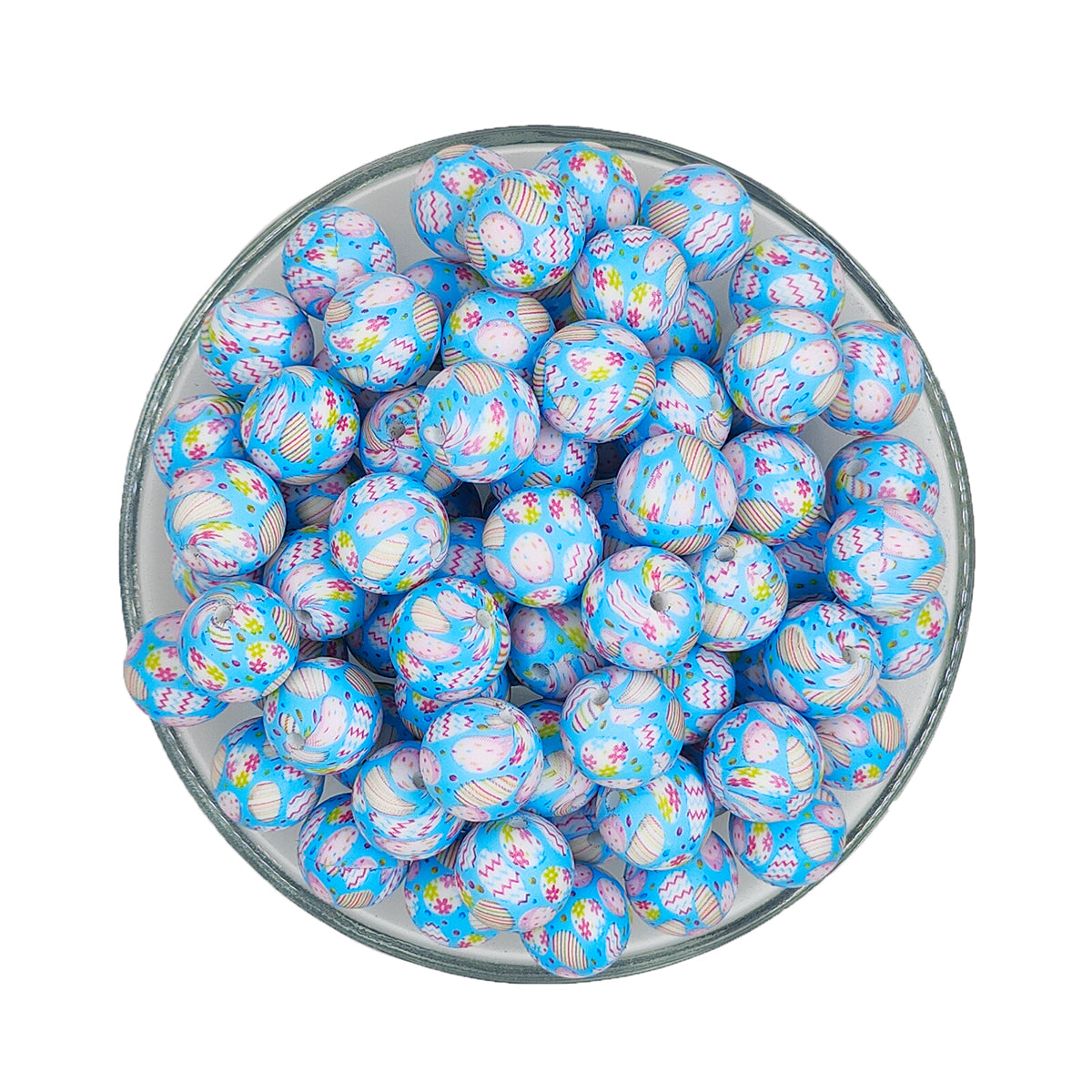 15mm Blue Easter Egg Print Round Silicone Beads