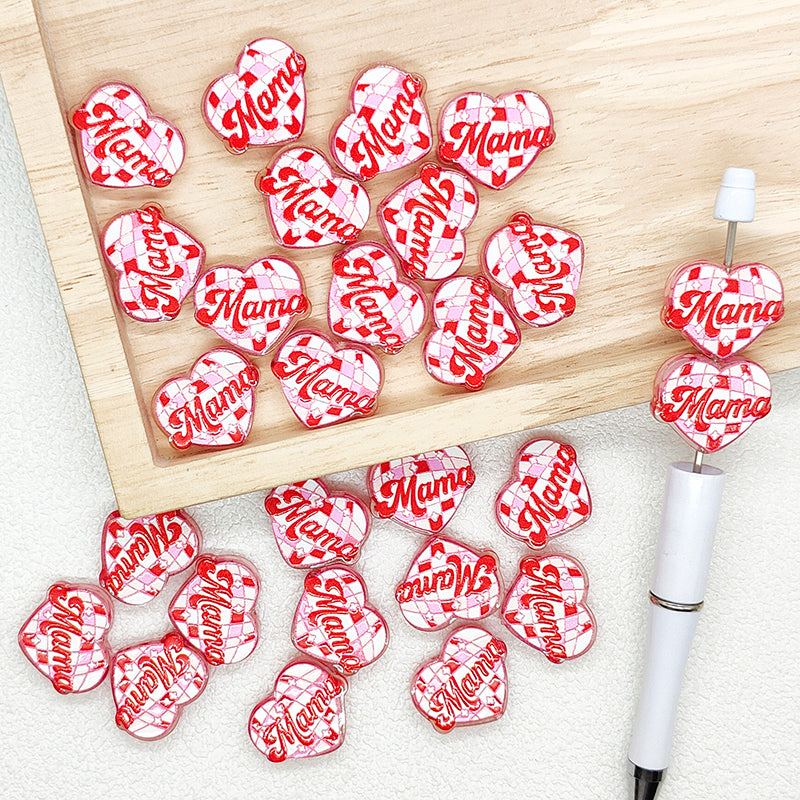 Mama Red Checkered Heart Acrylic Focal Beads
