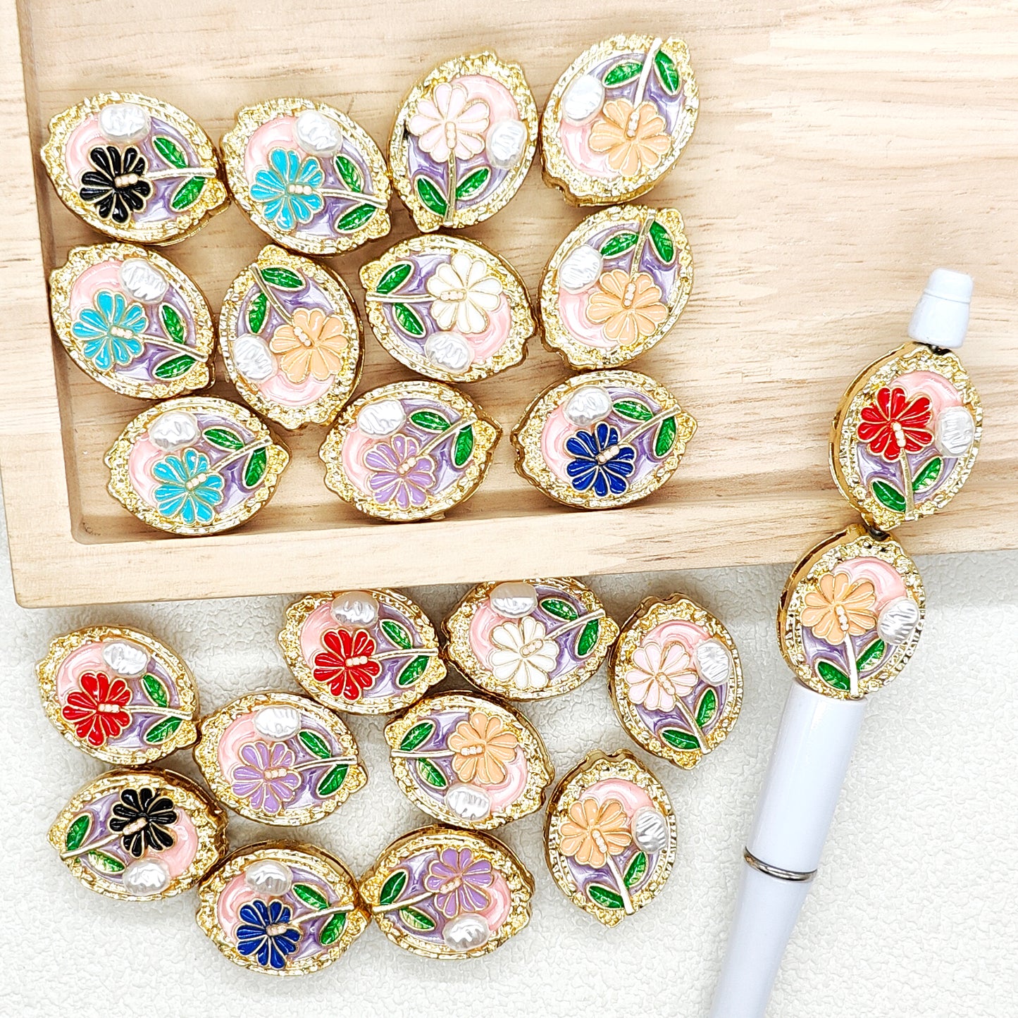 Metal Oval Shaped Enamel Flower Focal Beads For Beadable Pen Keychain Making
