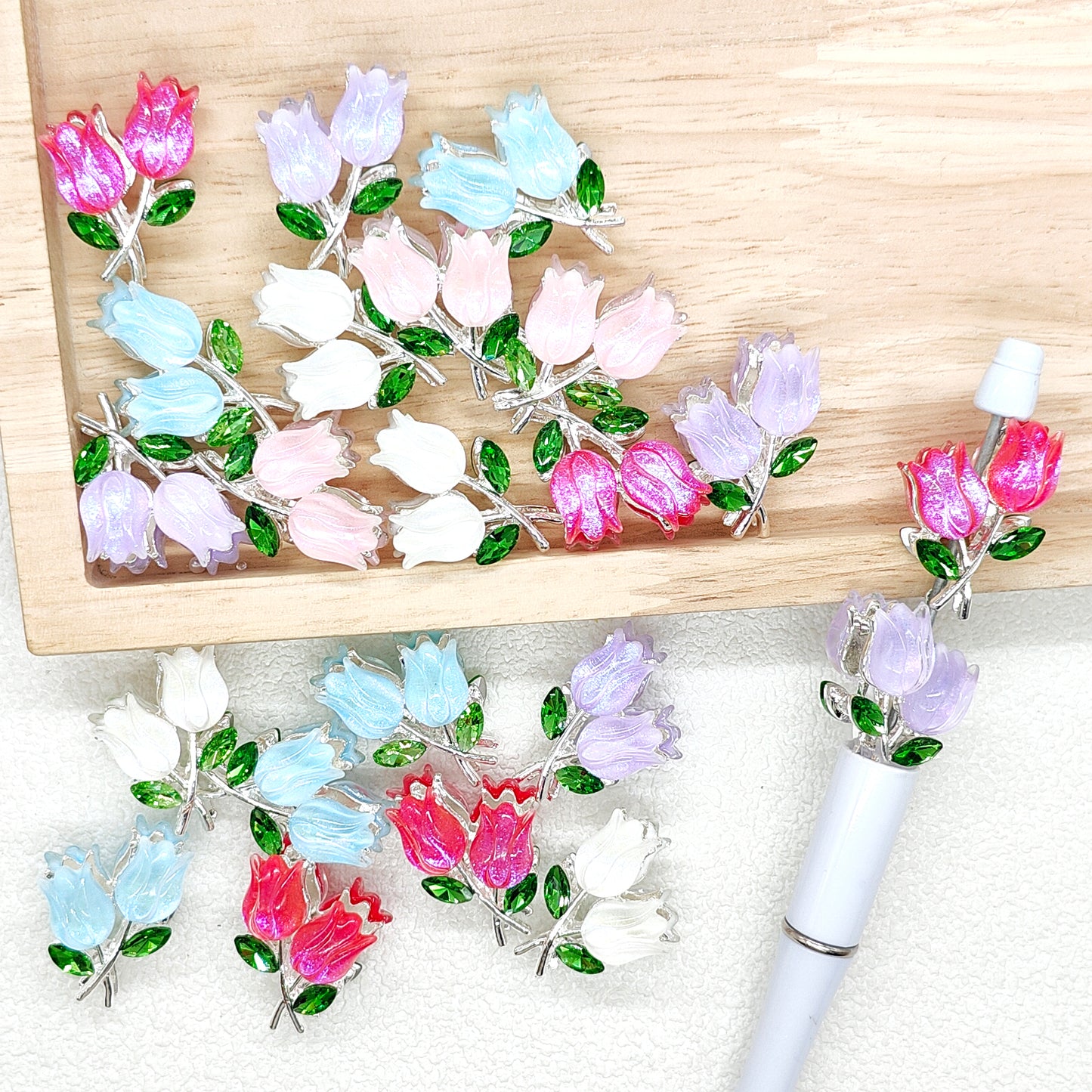 Metal Tulip Flower Green Leaves Gem Crystal Fancy Beads