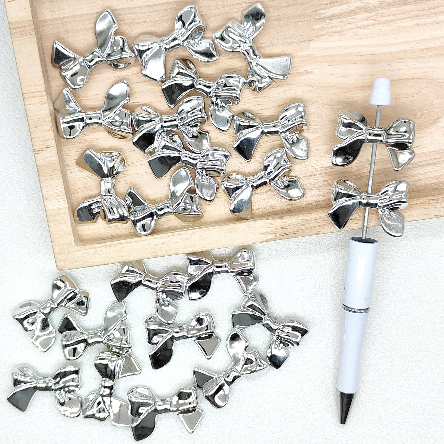 Metallic Silver Coated Bowknot Shaped Acrylic Beads Jewelry Making