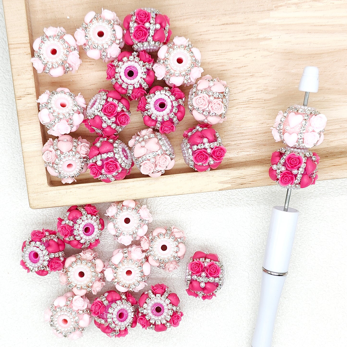 Mixed Color Rose Heart Rhinestone Beads,Acrylic Floral Beads