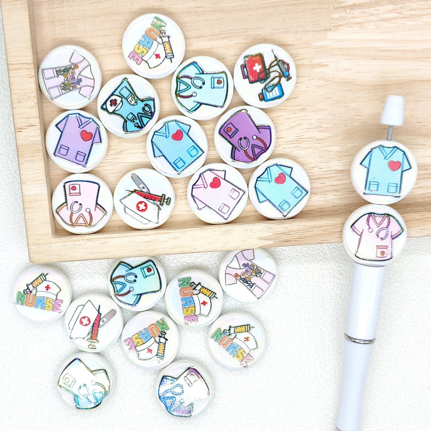 Nurse Medical Print Assorted UV Flat Round Acrylic Beads