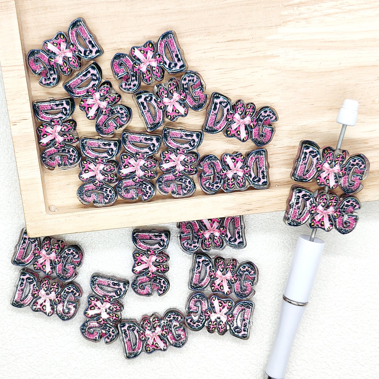 Pink Bow Dog Acrylic Focal Beads