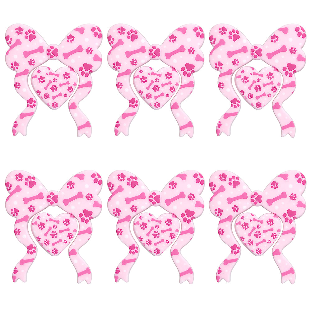 Pink Dog Paw Bone Bow Heart Print Focal