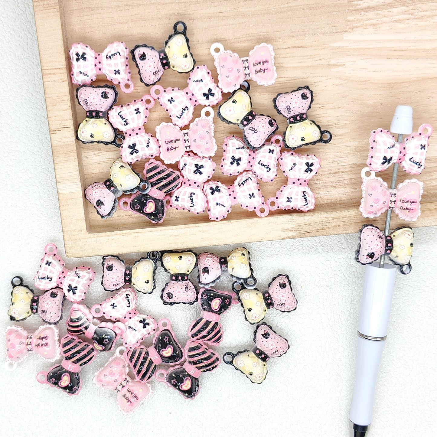 Print Bowknot Acrylic Loose Beads,DIY Pen Beaded Craft