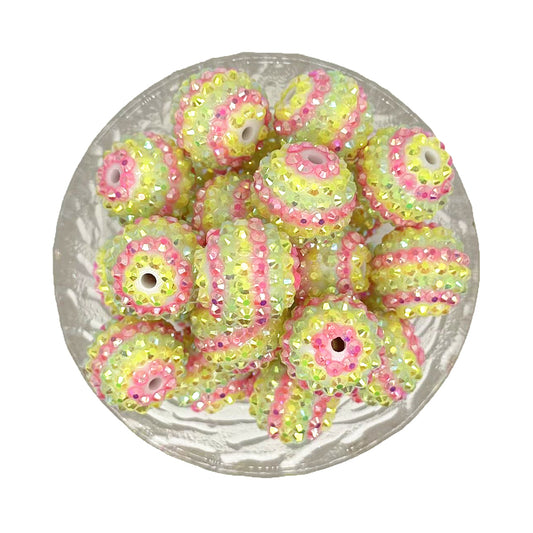 20mm Pink Yellow Striped Rhinestone Bubblegum Acrylic Beads